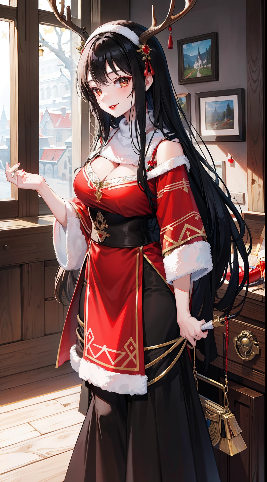 Adult woman, Long black hair, Deer antlers, Brown eyes, Lush breasts, Russian peasant clothing, red lipstick, Smile, Masterpiece, hiquality