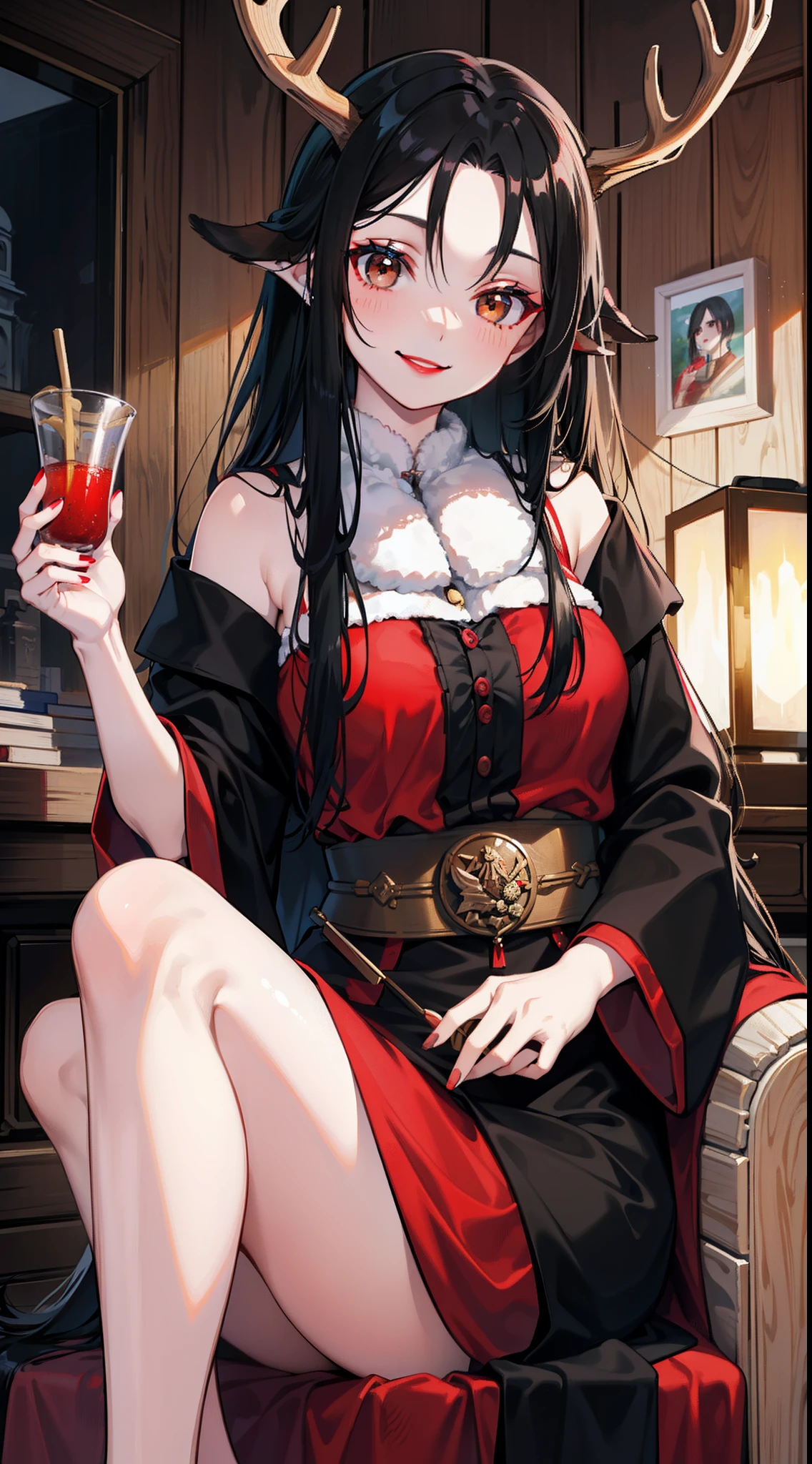 Adult woman, Long black hair, Deer antlers, Brown eyes, Lush breasts, Russian peasant clothing, red lipstick, Smile, Masterpiece, hiquality