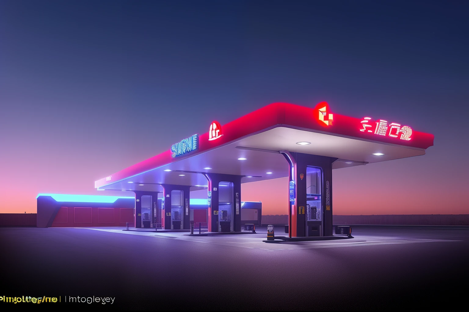 ((Masterpiece, Best quality)), 8K,gasstation，Canopy，pillar，petroleum，chemical industry，morden style, Technologie，Simple，Contrast，The color is bright，Space elements，epcot，photographrealistic, hyperedetailed photo, Clean skies, Lots of cars，lots of people，The atmosphere is lively，城市, cyber punk perssonage