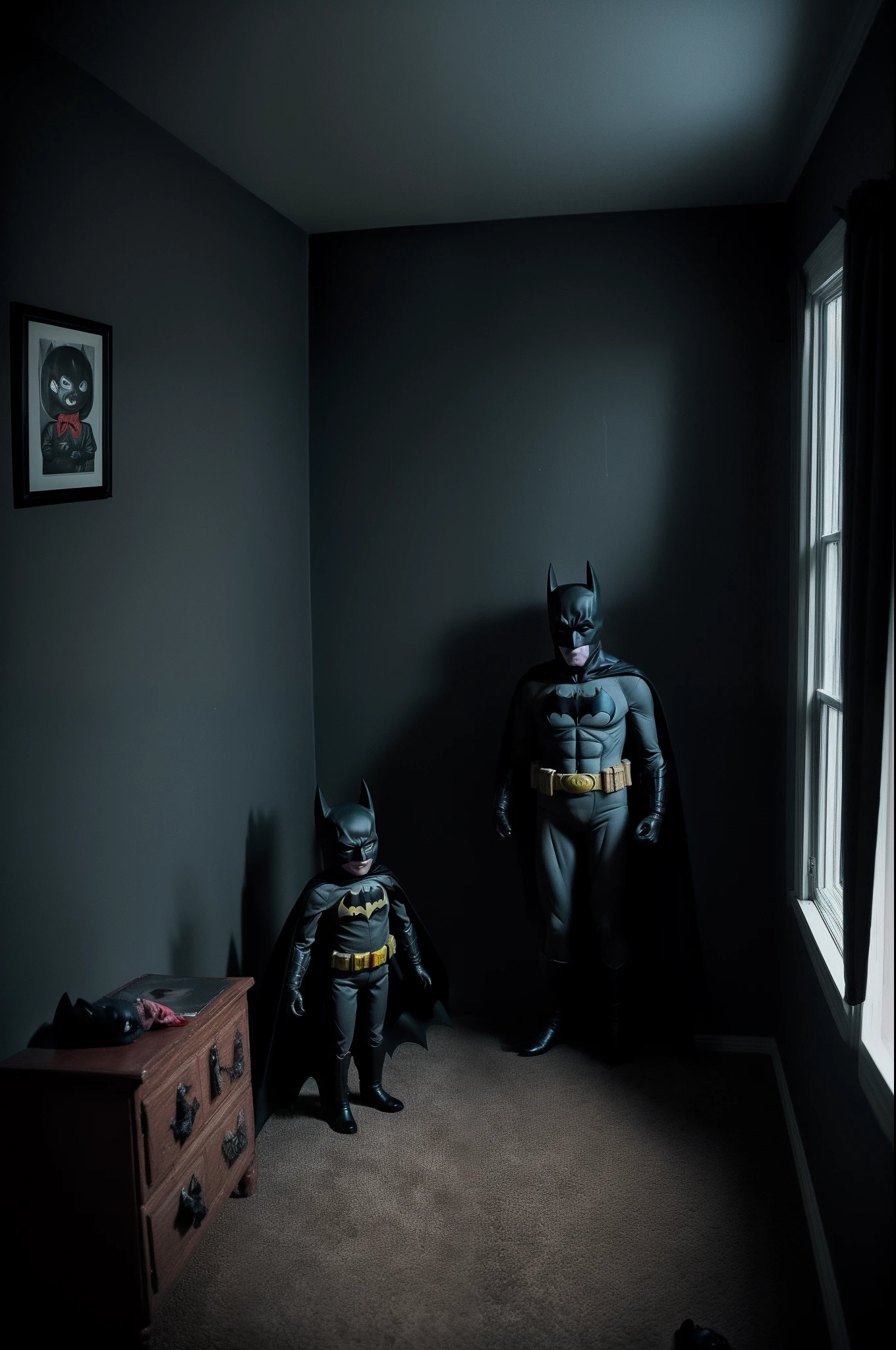 There is a young boy with black hair standing in front of the mirror and looking at a man wearing a Batman costume mask, a Batman mask , Batman's role, Man wearing batman mask batman costume, Batman movie, burly, muscular, detailed Batman costume
