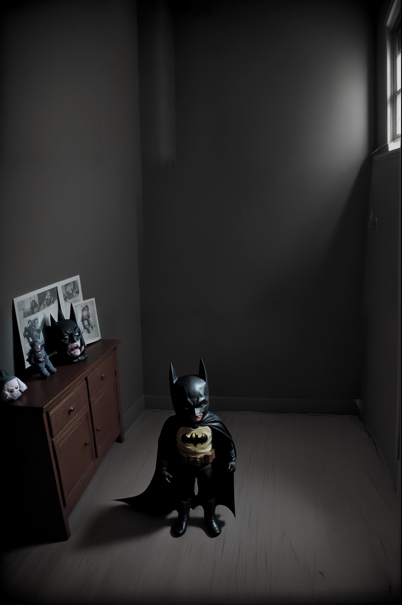 batman, childs room、One scary doll、Nostalgic but unsettling photos、Images in a dream、uneasy、deep in the night、natta、、Grainy photo、Film Touch、color photograph、horor、terrifying、Wide angle scary atmosphere、wide angles、wide-angle lens、