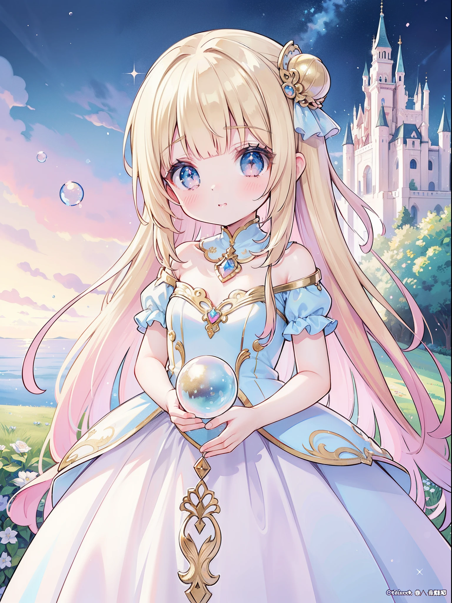 masterpiece, best quality, 8k resolution, sharp focus, intricate detail, beautiful girl, sparkling eyes, golden ratio face, otherworldly liquid, watercolor, ((pastel colors)), bright colors, whimsical, colorful, sharp focus, high resolution, fine detail, princess fantasy ballgown, ((round eyes)), iridescent bubbles, castle landscape in background