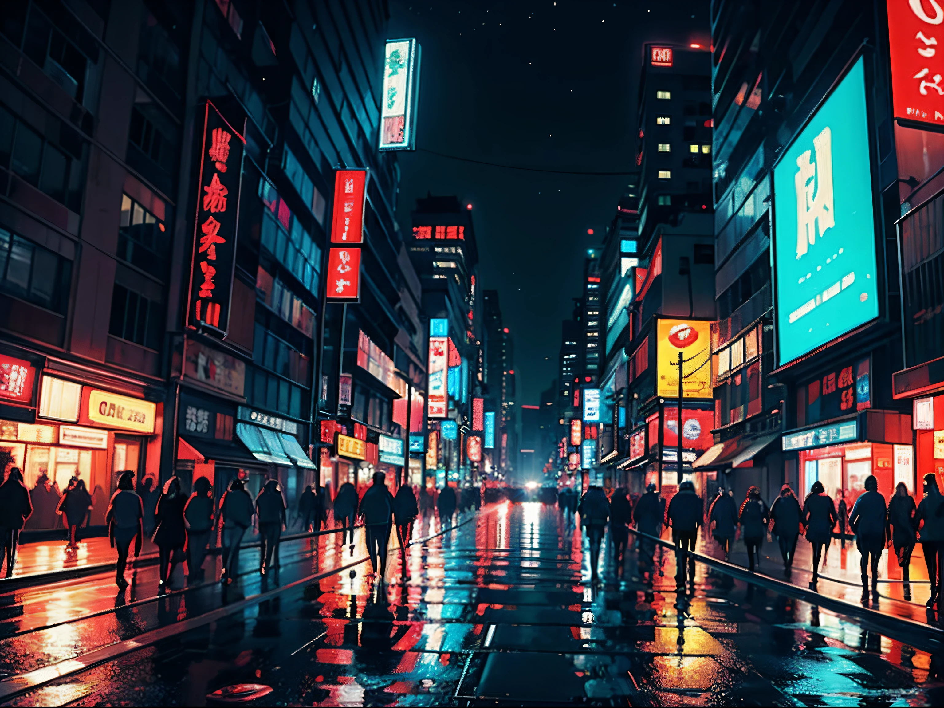 Um homem parado na chuva,segurando uma katana, Noite em uma cidade,Em uma cidade com fundos neon e neon,Cirilo Rolando,Chovendo,arte cyberpunk,Impressionistas,The foreground is Tokyo written in Japanese,Luzes da cidade em segundo plano,Aya Goda,Cidade urbana em segundo plano,uma pintura fosca,Sincronismo,anatomia correta,Meninas adolescentes,a noite,Menina urbana
