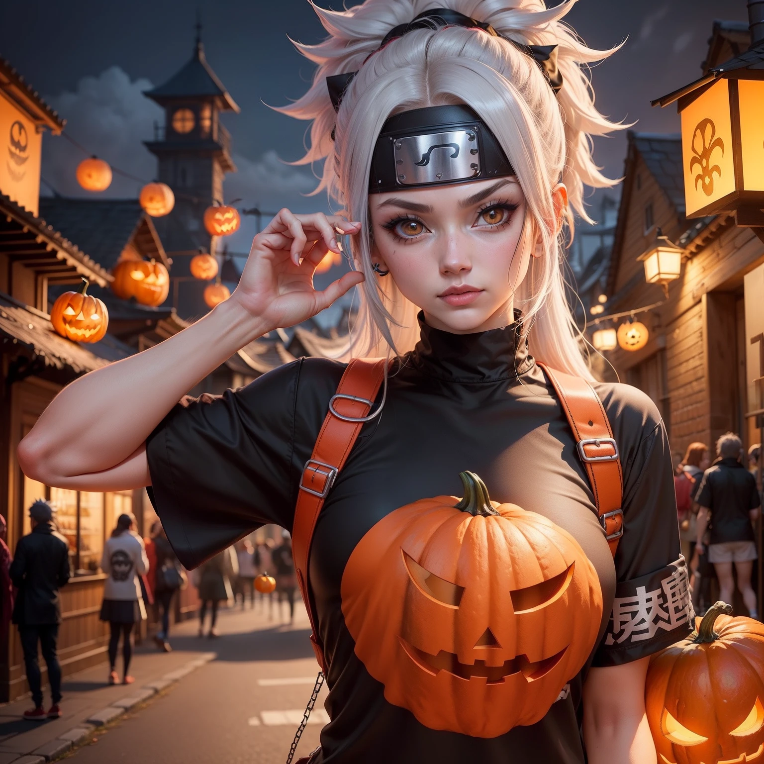 Generate unique and eye-catching t-shirt designs inspired by in the costumed Naruto character for a Halloween party in the village of the leaf that incorporate vibrant colors, iconic symbols, and a touch of modern minimalism