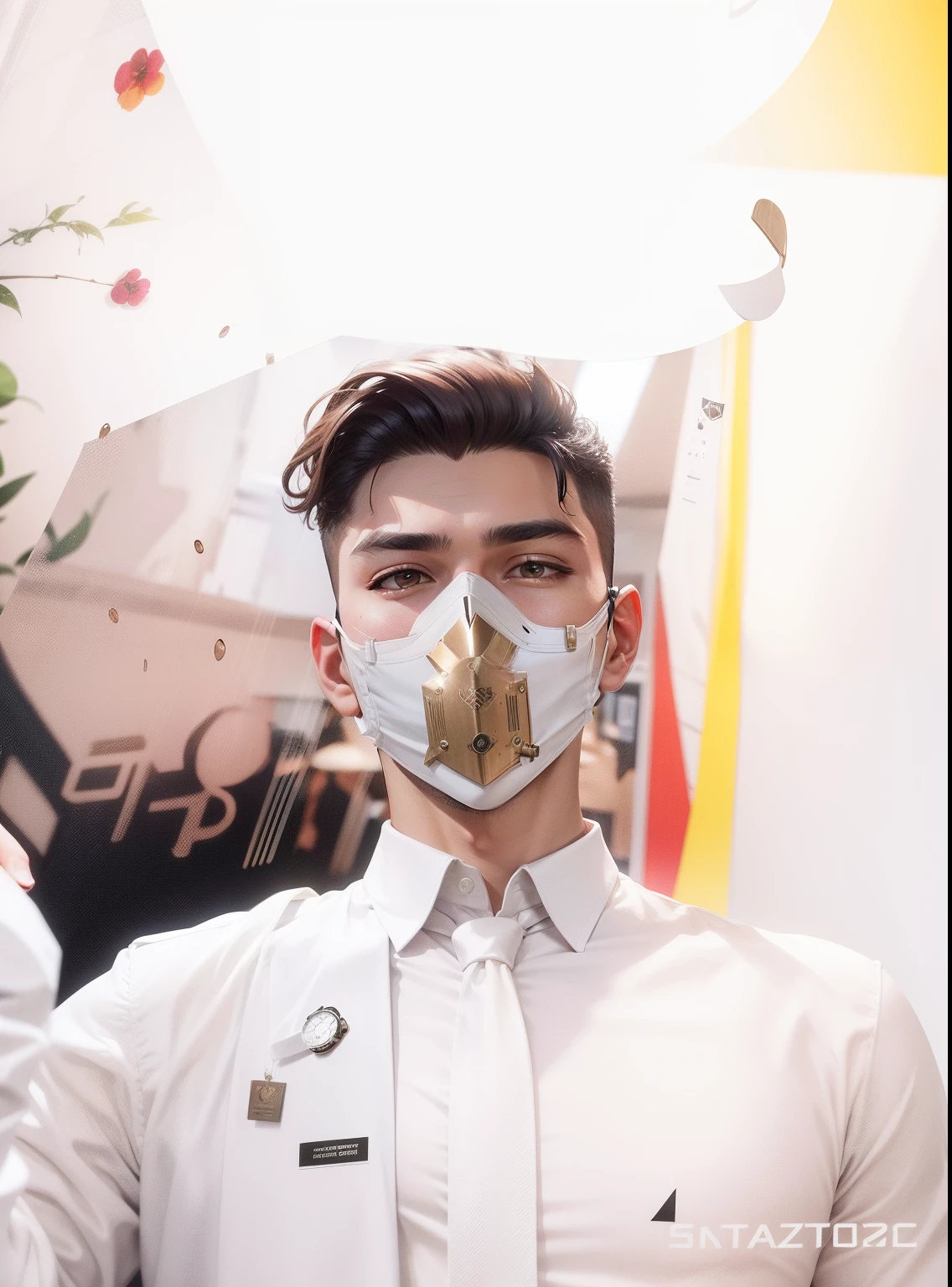 Handsome boy with coffee real face stylish mask on face futuristic decorated background smart watch on hand stylish shirt stylish hair real mask on face realishtic