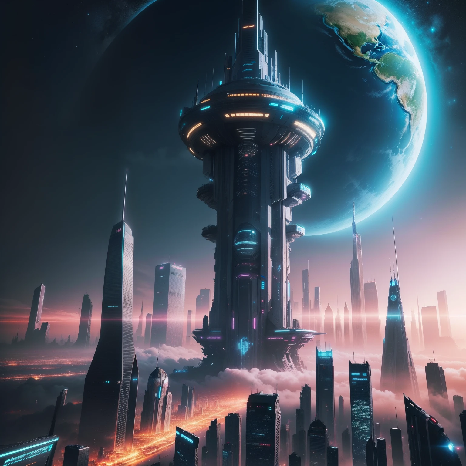 planet earth kosmos Futuristic cities cyberpunked SFart by top-quality masterpiece towering skyscrapers Building height10fold Huge skyscrapers