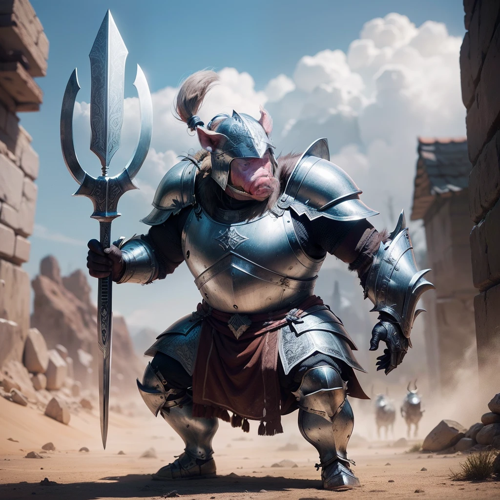 Pig people，Wears silver armor，With Tomahawks，wearing a silver helmet