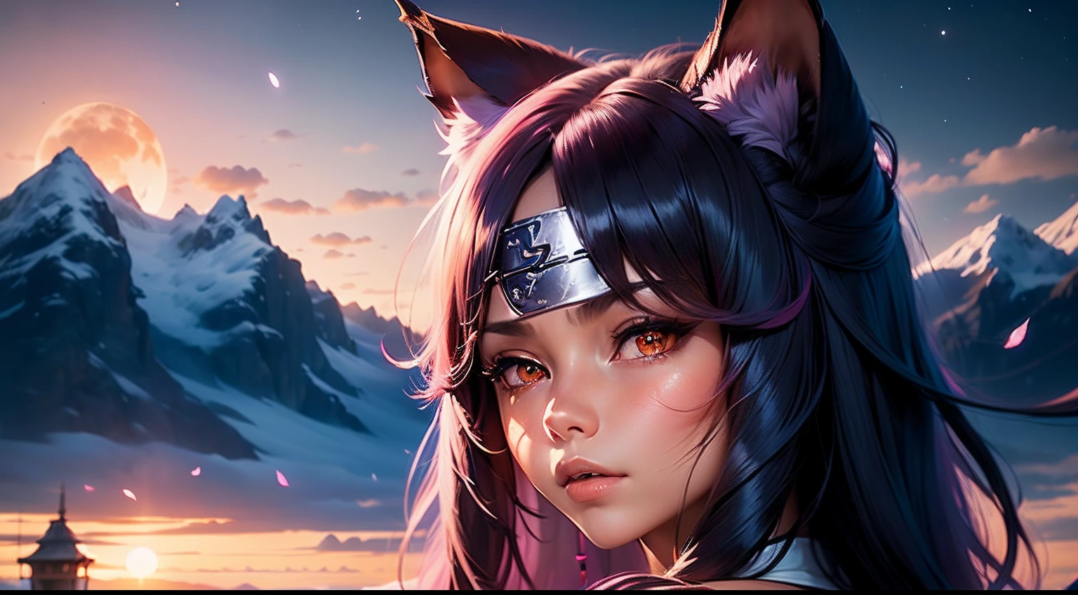 1 girl, pink long hair, neko ears, Haz un banner de sasuke uchiha el solo, mirando a la luna, media luna, cielo oscuro, 4k, anime, un sharingan en el ojo derecho