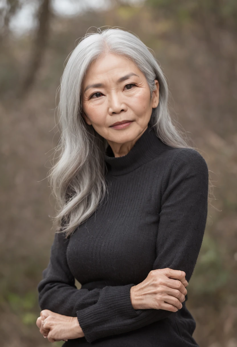((Superior Quality, 16 K, masterpiece: 1.3)), Ayami Shiina, 60 year old asian woman, Beautiful woman with her perfect age figure: 1.3, (((white hair)), ((beutiful breast: 1.3)), (souls, Cloudy water)),, (浴室)), ((Pause), ((crouching down, open one's legs)), Stripes, Medium hair、Black knitwear