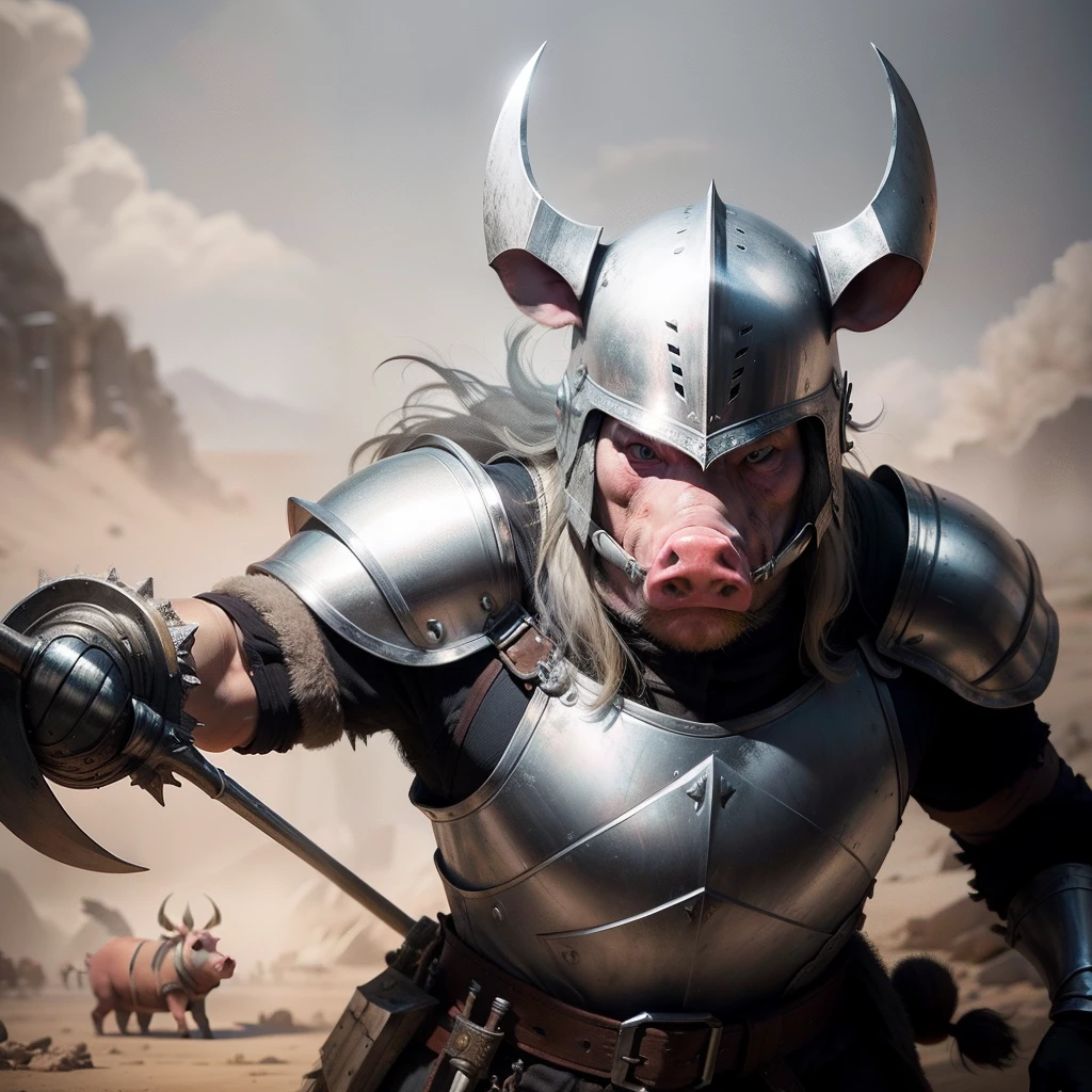 Pig people，Wears silver armor，With Tomahawks，wearing a silver helmet