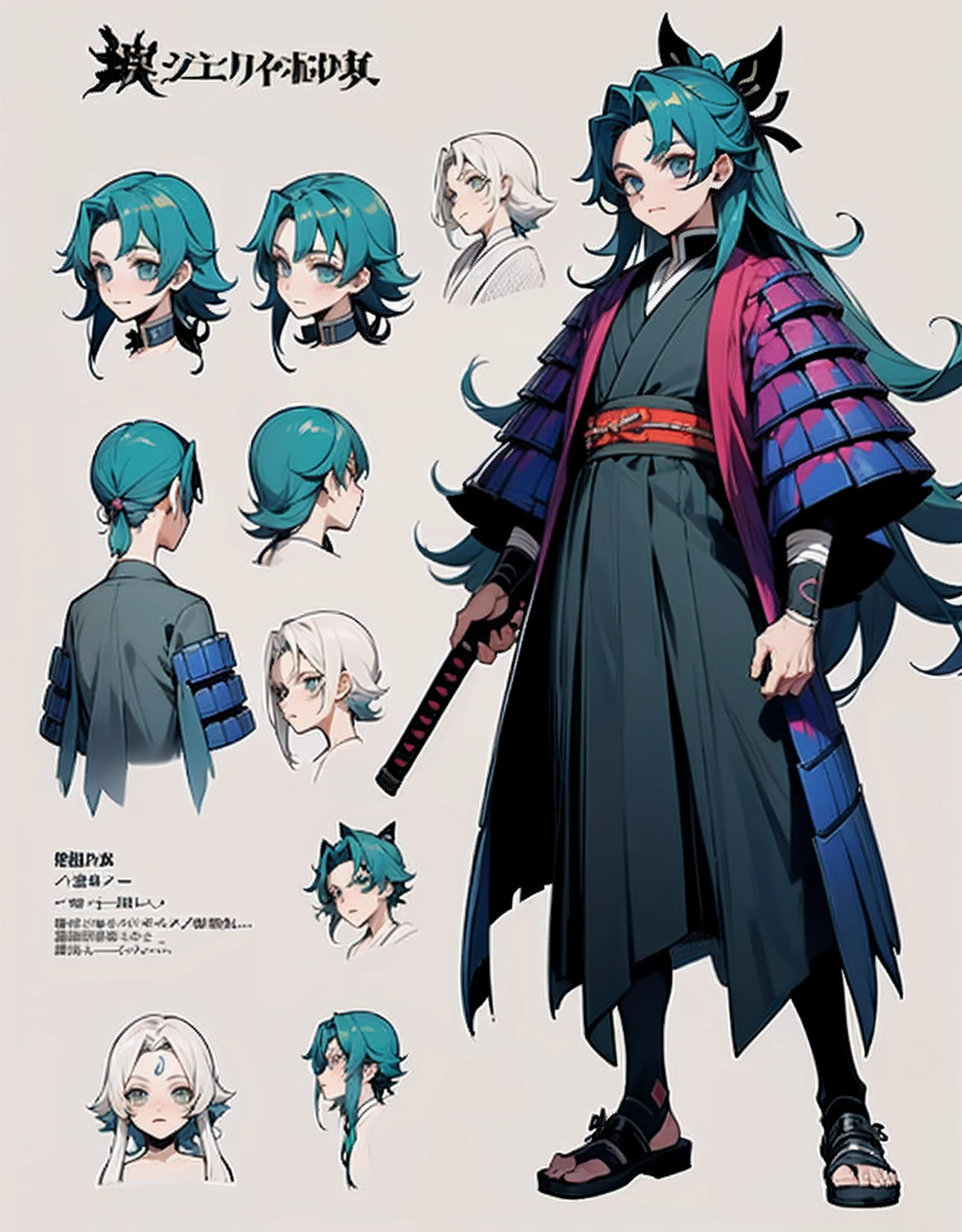 1 man, character sheet, concept art, full body, adult man, \(kimetsu no yaiba\), long straight haired, kimono, samurai armored