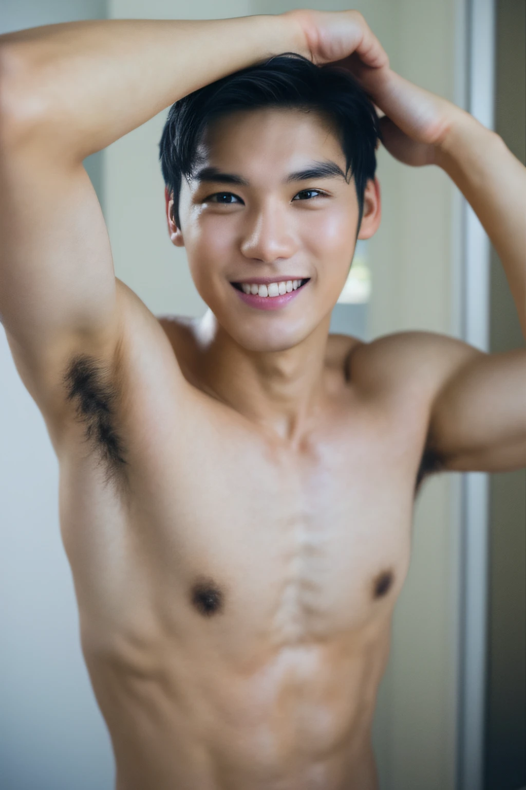 top-quality, tmasterpiece, 超高分辨率, (hentail realism: 1.4), Original photo, Head photo, Black eyes, ssmile，Detailed depiction of the, self-shot, 1boys, 24 years old, center part，musculature