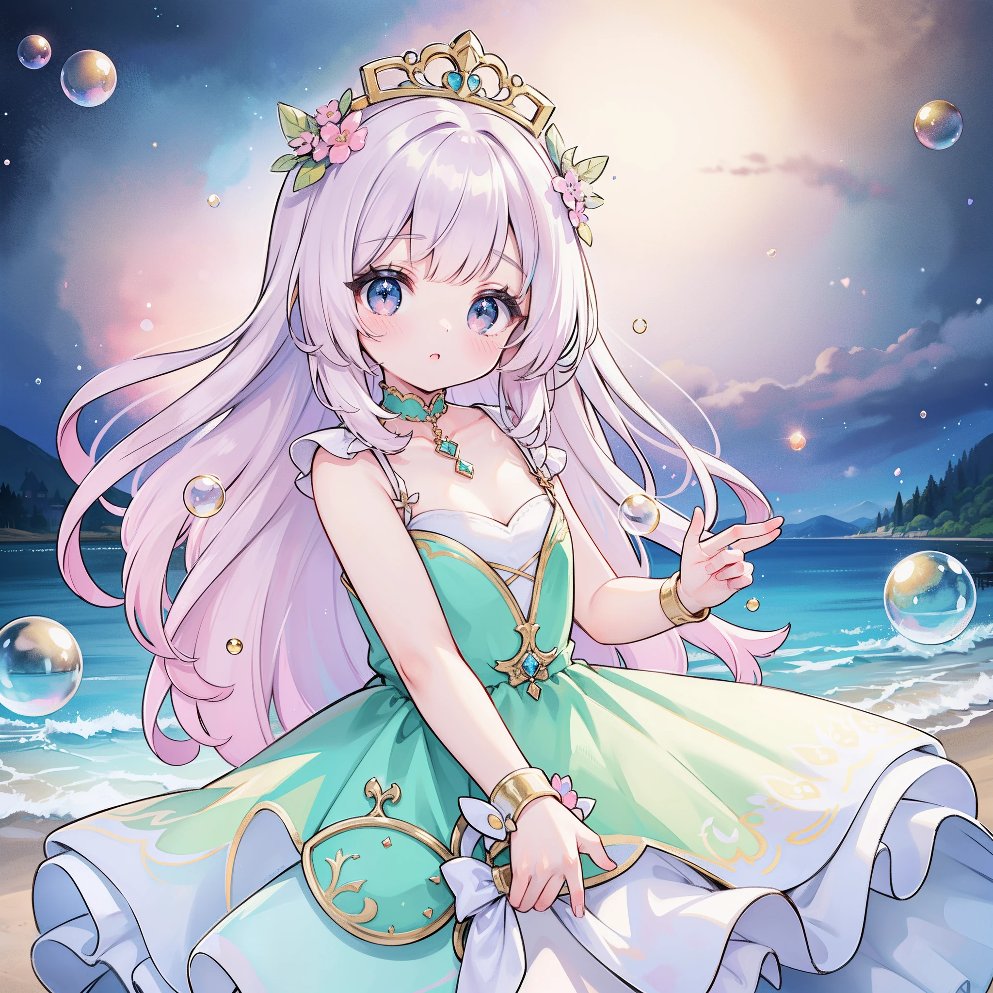 masterpiece, best quality, 8k resolution, sharp focus, intricate detail, beautiful girl, sparkling eyes, golden ratio face, otherworldly liquid, watercolor, ((pastel colors)), bright colors, whimsical, colorful, sharp focus, high resolution, fine detail, princess fantasy ballgown, ((round eyes)), iridescent bubbles, castle landscape in background