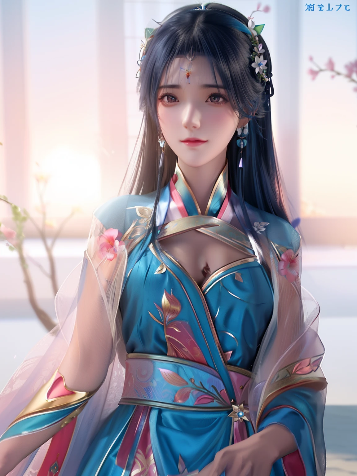a close up of a woman in a blue dress with a flower in her hair, palace , a girl in hanfu, trending on cgstation, a beautiful fantasy empress, smooth anime cg art, artwork in the style of guweiz, 8k high quality detailed art, beautiful character painting, beautiful alluring anime woman, 2. 5 d cgi anime fantasy artwork