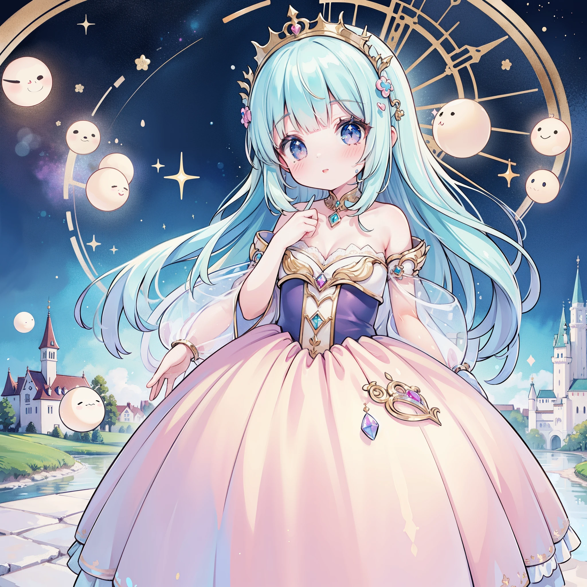 masterpiece, best quality, 8k resolution, sharp focus, intricate detail, beautiful girl, sparkling eyes, golden ratio face, otherworldly liquid, watercolor, ((pastel colors)), bright colors, whimsical, colorful, sharp focus, high resolution, fine detail, princess fantasy ballgown, ((round eyes)), iridescent bubbles, castle landscape in background