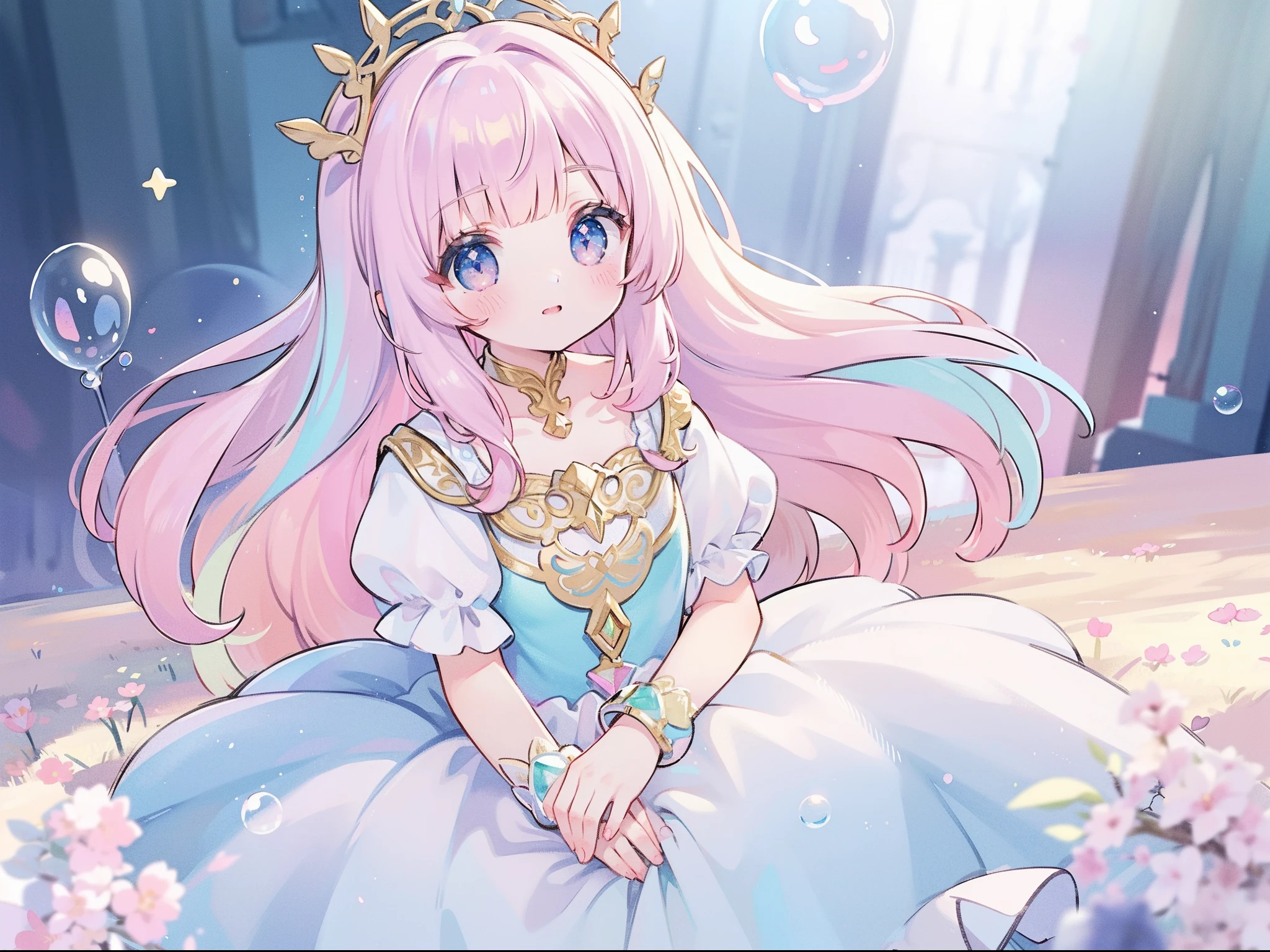 masterpiece, best quality, 8k resolution, sharp focus, intricate detail, beautiful girl, sparkling eyes, golden ratio face, otherworldly liquid, watercolor, ((pastel colors)), bright colors, whimsical, colorful, sharp focus, high resolution, fine detail, princess fantasy ballgown, ((round eyes)), iridescent bubbles, castle landscape in background