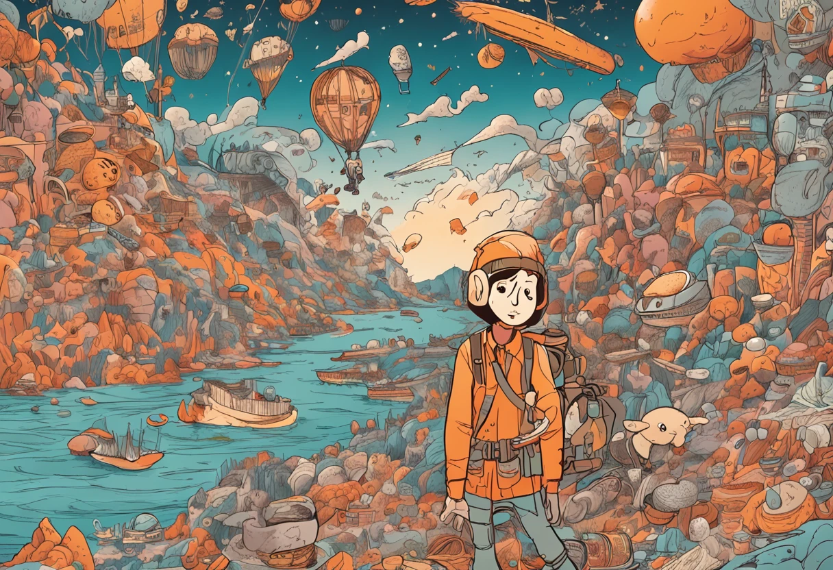 A teenager dressed in an explorer's costume flies through the sky,Surrounded by sweet potato noodles Sweet potato noodles and various ingredients,These long faces are like floating milky ways,Various ingredients surround it。The teenager holds the map,An illustration that is about to solve various puzzles related to sweet potato noodle dishes。