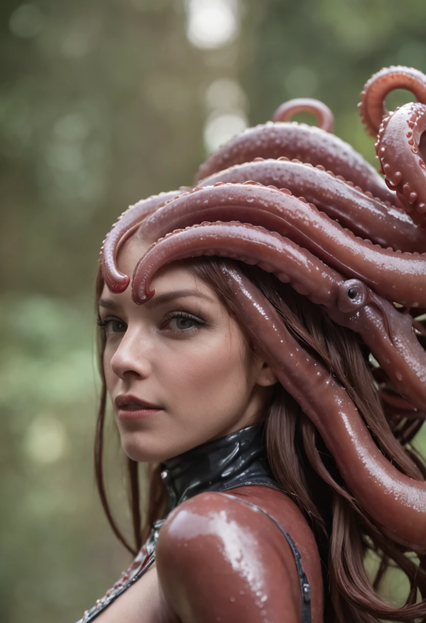 Woman wearing hot water dripping tentacles、guyver style、Wicked smile、Entangled tentacles、scarab、cel shade adult animation、Metroid suit、Long hair、a large amount of mucus、Den of Monsters