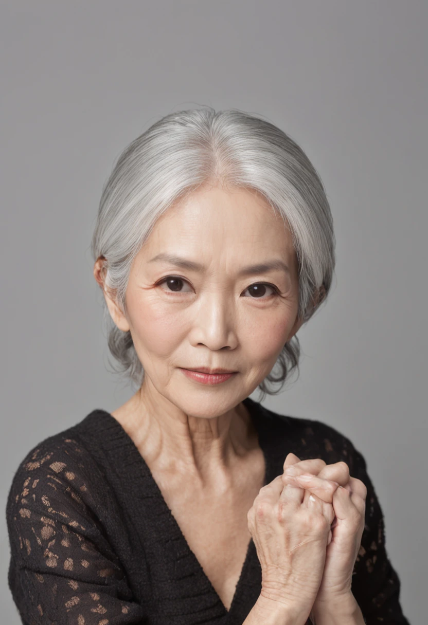 ((Superior Quality, 16 K, ​masterpiece: 1.3)), Ayami Shiina, 60 year old asian woman, Beautiful woman with her perfect age figure: 1.3, (((white  hair)), ((beutiful breast: 1.3)), (souls, cloudy water)),, (浴室)), ((Pause), ((crouching down, open one's legs)), Stripes, Medium Hair、Black knitwear、Fatigue、Puffiness