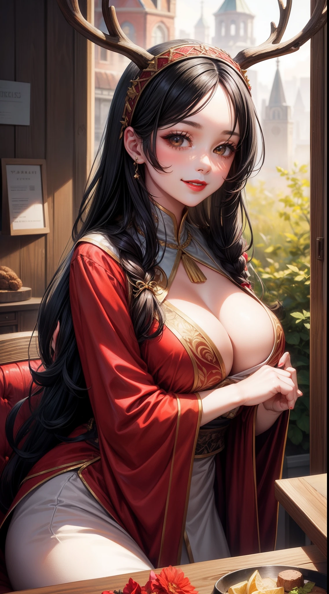 Adult woman, Long black hair, Deer antlers, Brown eyes, Lush breasts, Russian peasant clothing, red lipstick, Smile, Masterpiece, hiquality