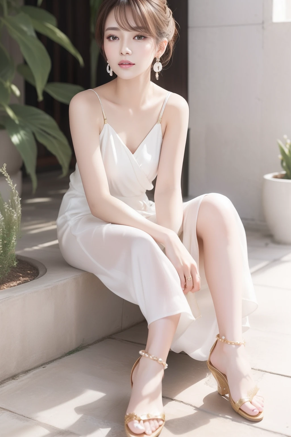 Elegant casual style portrait for spring summer。The model has loose side bun hair、Golden Highlights。Her Lavender Wrap Dress、Wearing white sandals。Accessories include、Includes pearl earrings and silk scarves。Elegant casual hairstyles。Loose sidevan hair、Golden Highlights。Make up with pink shiny lips and sparkly gold eyeshadow、Creates a chic and light look。