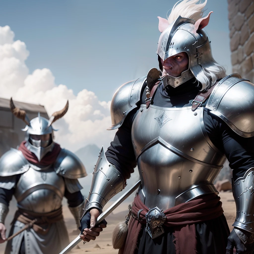 Pig people，Wears silver armor，With Tomahawks，wearing a silver helmet