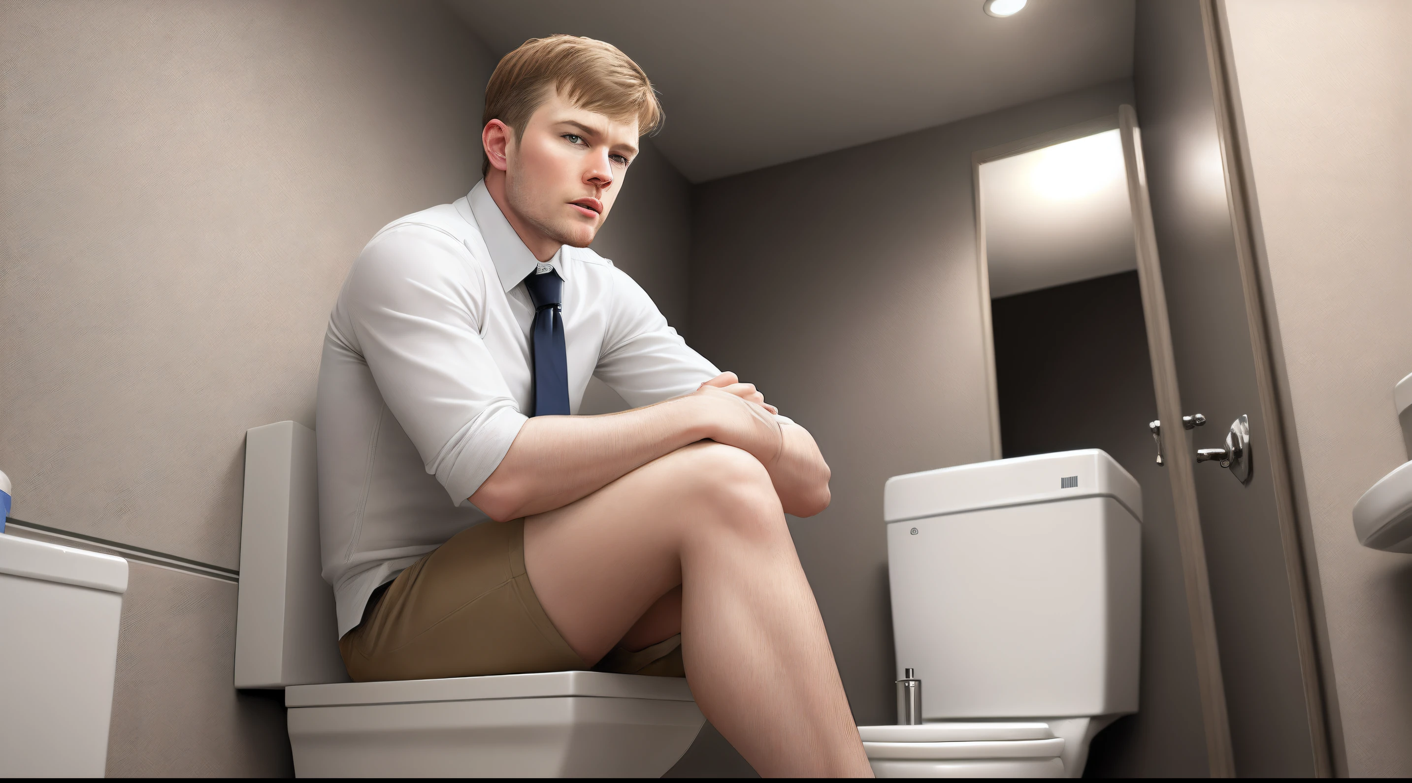 White man sitting on toilet