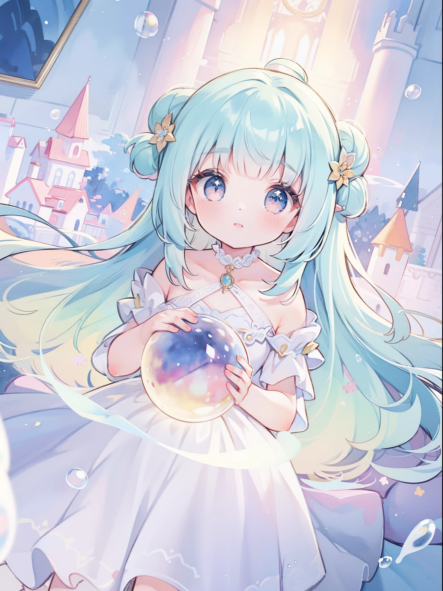 masterpiece, best quality, 8k resolution, sharp focus, intricate detail, beautiful girl, sparkling eyes, golden ratio face, otherworldly liquid, watercolor, ((pastel colors)), bright colors, whimsical, colorful, sharp focus, high resolution, fine detail, princess fantasy ballgown, ((round eyes)), iridescent bubbles, castle landscape in background