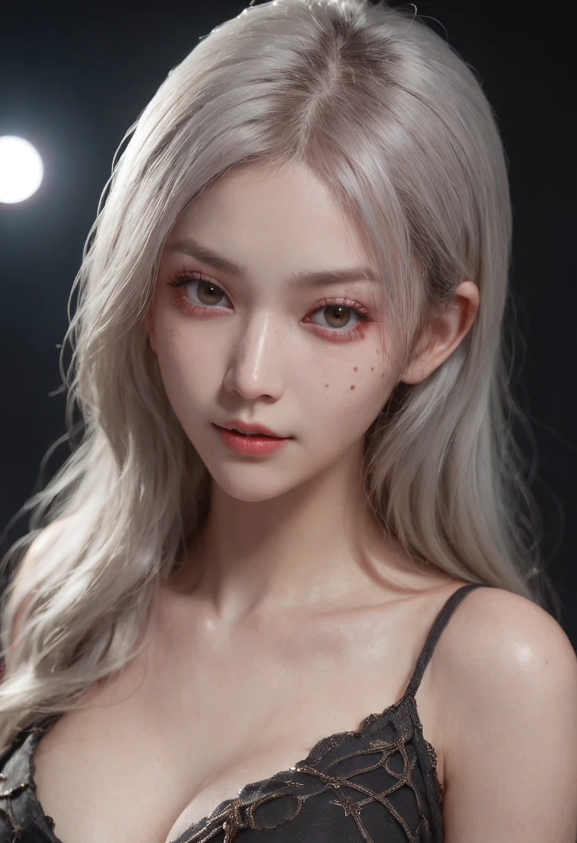 BREAK, 1girl, solo, looking at viewer, flat bangs, (young cute beautiful 18-year-old girl:1.1), 3d face, beautiful girl, pretty, girlface, kpop idol,  supermodel, woman posing for a photo, stunning innocent symmetry face, perfect body, medium breast, slim waist, slim legs, (high detailed skin:1.2), glowing eyes, goddess, natural skin texture, shiny skin, White skin, Beautiful detailed face, detailed face, real skin texture, cute delicate face, finely detailed face, golden ratio, golden ratio face, expressive eyes, perfect face, perfect skin, flawless face, clear face, shiny hair, pale skin, Proper body proportion, perfect anatomy, realistic skin texture, luscious lips, glossy lips, natural makeup, beautiful bright pupils, slender figure, intricate eyes, detailed pupils, detailed face and eyes, longeyelashes, blush, good hand, finely detailed skin, oily skin, BREAK, ((((ember, battlefield, volumetric fog, grey mist, (white long hair:1.4),  (ecstasy of silk:1.1), spider web, (chain:1.1), (On a dark moonlit night:1.6), (in a spooky ancient dungeon:1.2), in a heavily guarded cage, moonlight shines in through a small window, (In the center of the picture is a female assassin struggling to break free from the shackles:1.4), (She breaks the thick iron chain with amazing strength:1.3), (Werewolf soldiers guarding the prison came from all directions with weapons:1.5), (Destroyed buildings:1.2), (ruined walls:1.1), (scars:1.3), claw marks, (flames splashing:1.3), (werewolf's huge claws, wolf eyes with green light:1.2), (A pack of wolves surrounded her:1.6), full of murderous, fighting state, (blood moon:1.4), chilling atmosphere, flames, cobwebs, candles, (torture tools:1.1), (floating colorful sparkles:1.2), (energy beams:1.3), cyberpunk neon light, volcano, (lava:1.1), Doomsday atmosphere, flames soaring into the sky, candlelight, desperate and helpless prisoners, jail, prison, East Asian architecture, ancient China, skeletons, horror , chilling, bloody, huge warfare battle scene, epic clash, two armies, battle scene, epic battle, war)))), BREAK, (PureErosFace_V1:0.5), (ulzzang-6500:0.5), filmg, zhongfenghua, (kbxll:0.6),