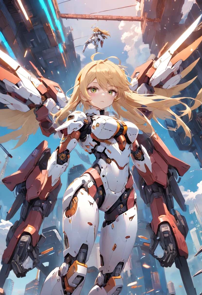 Anime character with long blonde hair flying in the air, by Krenz Cushart, Mechanized Valkyrie girl, girl in mecha cyber armor, inspired by Krenz Cushart, anime mecha aesthetic, advanced digital anime art, wlop and krenz cushart, high detailed official artwork, anime robotic mixed with organic