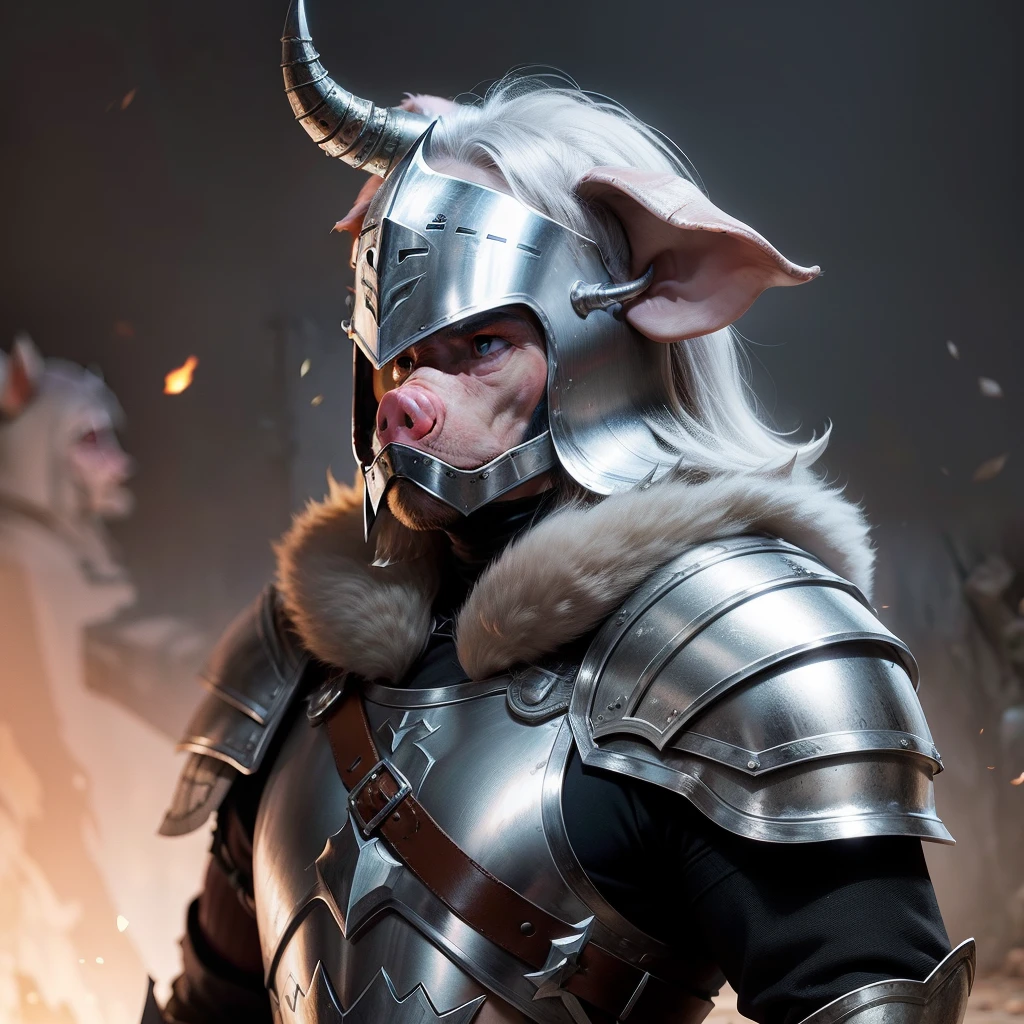 Pig people，Wears silver armor，With Tomahawks，wearing a silver helmet
