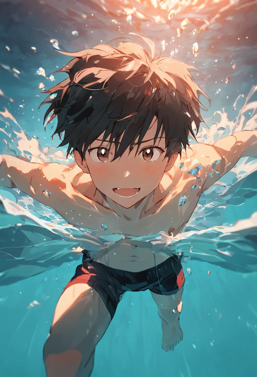 Boy ager swimming in water,Shirtless,with fair skin,ssmile,Diving tools