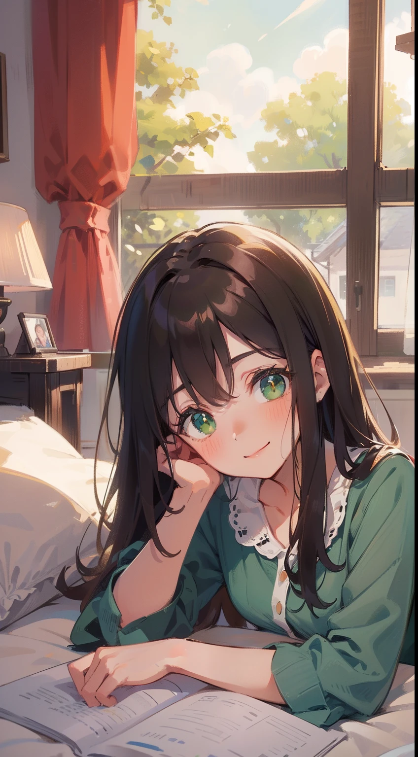 (masterpiece), (best quality), ultra high res, sharp focus, warm pastel tone, ((1 mature woman, solo)), upper body, (from front), beautiful detailed hair, chestnut brown hair, messy long hair, beautiful detailed face, ((beautiful shapes of eyes, green eyes)), perfect feminine face, sleepy face, smiles, feminine light pajama, sitting on the comfortable bed, in the beautiful morning