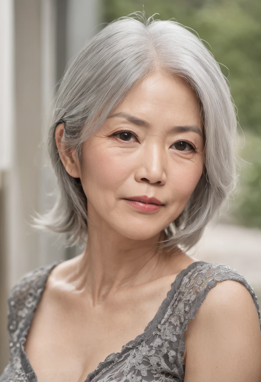 ((Superior Quality,  K, ​masterpiece: 1.3)), Ayami Shiina, 50 year old Asian woman, Beautiful woman with her perfect age figure: 1.3, (((white  hair)), ((beutiful breast: 1.3)), (souls, cloudy water)),, (浴室)), ((Pause), ((crouching down, open one's legs)), Stripes, Medium Hair、Black knitwear、Fatigue、Fat