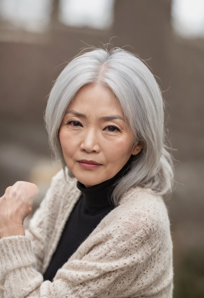 ((Superior Quality, K, masterpiece: 1.3)), Ayami Shiina, 50 year old Asian woman, Beautiful woman with her perfect age figure: 1.3, (((white hair)), ((beutiful breast: 1.3)), (souls, cloudy water)),, (浴室)), ((Pause), ((crouching down, open one's legs)), Stripes, Medium Hair、Black knitwear、Fatigue、Fat