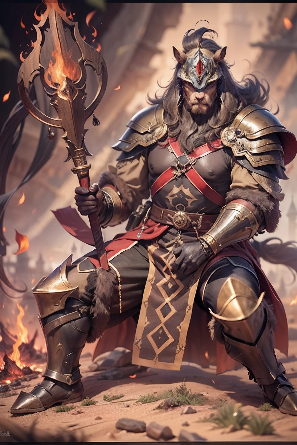 (anthropomorphic turtle),(Horse-headed warriors:1.4),coda,a tall body,Stout limbs,disdain,ran,tosen,The long hairs of the flame fluttered in the wind,combats,Dynamic lines,Dimly lit battlefield,Ruined castle,(stereoscopic perspective:1.4),Works of masters,super-fine,4K分辨率,high qulity,电影灯光,High picture detail,Detailed pubic hair,Epic shooting,Clearly focused hair,Detailed hair depiction,acurate