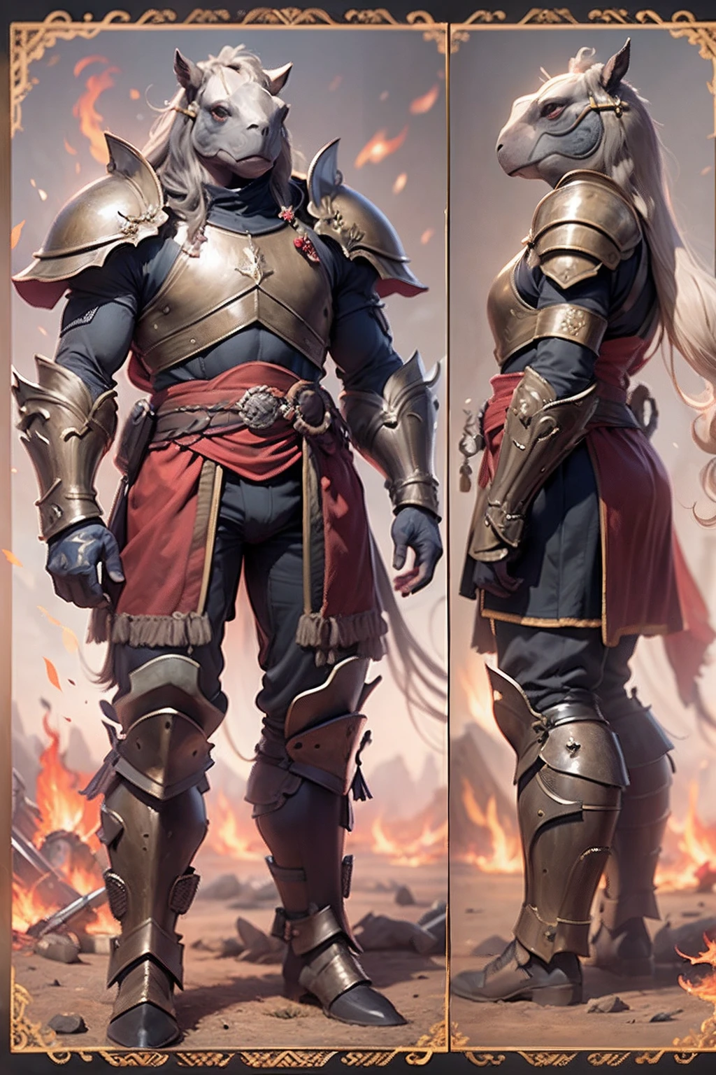 （anthropomorphic turtle），（Horse-headed warriors：1.4），coda，a tall body，Stout limbs，disdain，ran，tosen，The long hairs of the flame fluttered in the wind，combats，Dynamic lines，Dimly lit battlefield，Ruined castle，（stereoscopic perspective：1.4），Works of masters，super-fine，4K分辨率，high qulity，电影灯光，High picture detail，Detailed pubic hair，Epic shooting，Clearly focused hair，Detailed hair depiction，acurate