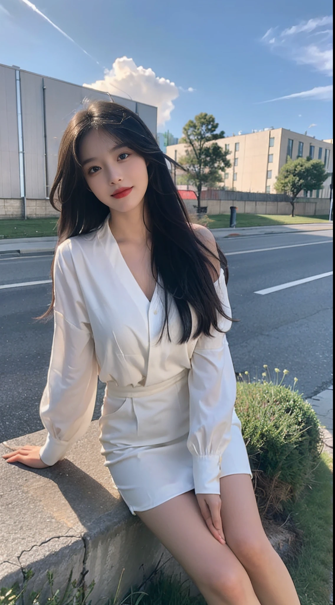 ((Best Quality, 8K, Masterpiece:1.3)), A beautiful girl, pure, melon face, gentle and cute, sweet smile, pure desire, thin figure, (frontal), (tilted head), looking directly at the camera, uniform, obi, formal, black silky long straight hair, long hair flowing over the shoulders, round black big eyes, clear big eyes, moist red lips, sweet, sitting on the side of the road, blue sky and white clouds, grass, buildings,