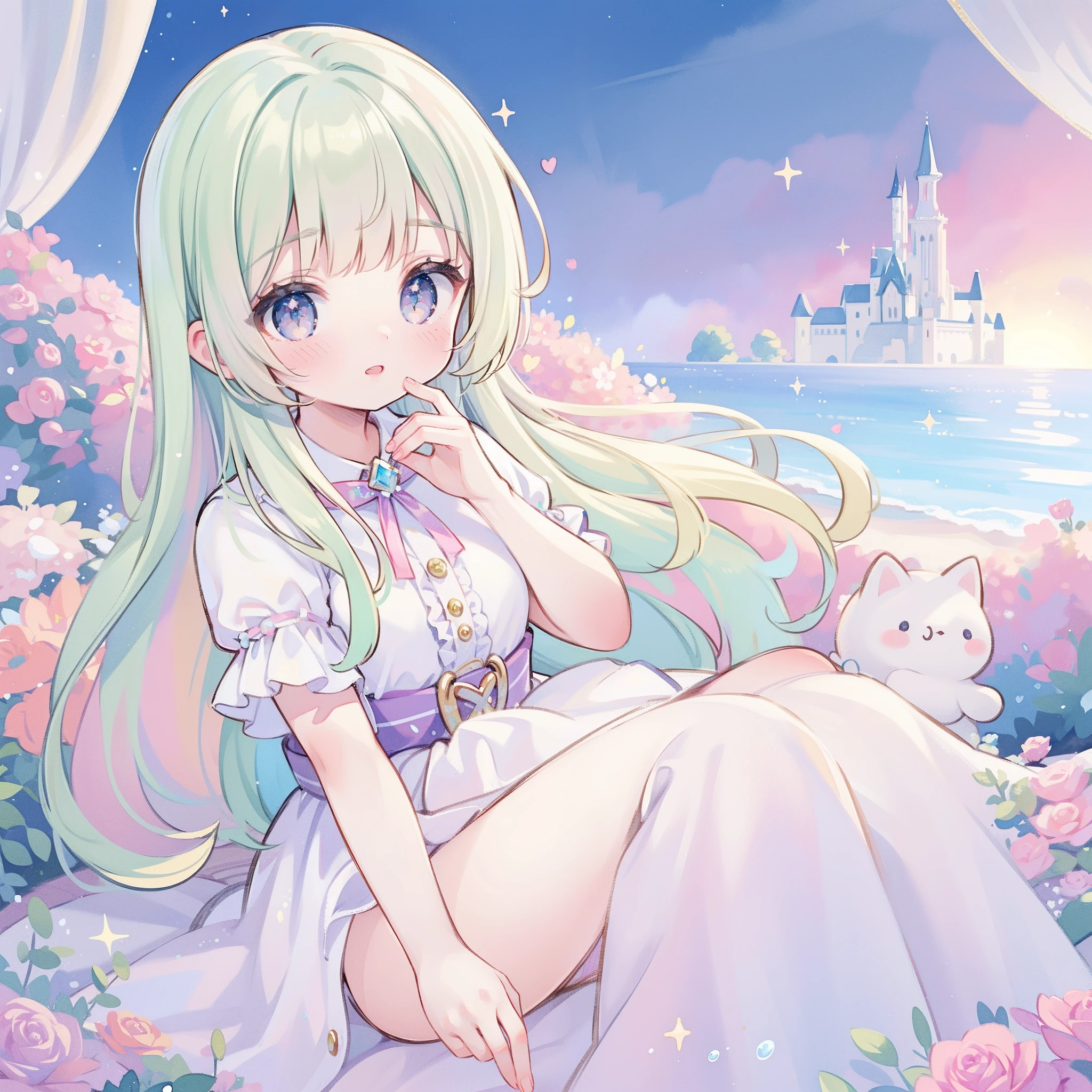 masterpiece, best quality, 8k resolution, sharp focus, intricate detail, beautiful girl, sparkling eyes, golden ratio face, otherworldly liquid, watercolor, ((pastel colors)), bright colors, whimsical, colorful, sharp focus, high resolution, fine detail, princess fantasy ballgown, ((round eyes)), iridescent bubbles, castle landscape in background