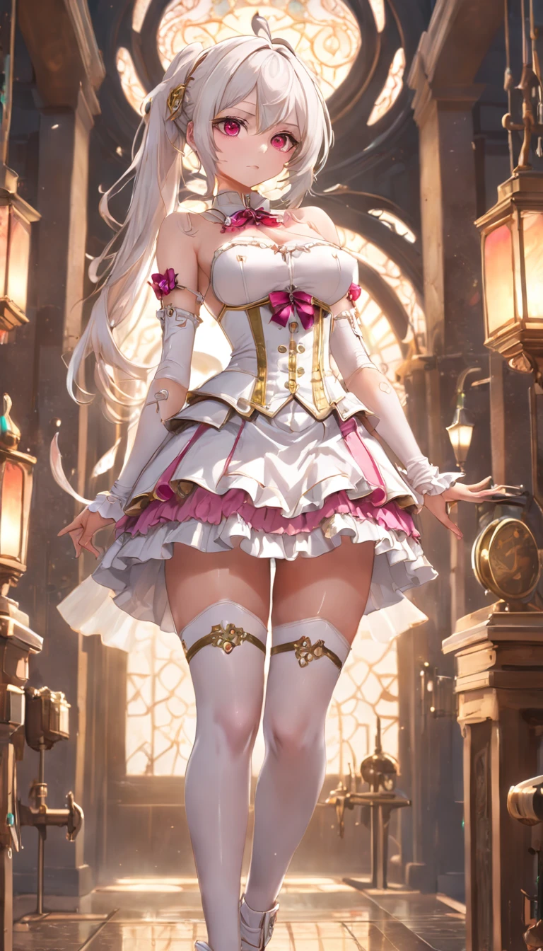 (top quality, masterpiece,best quality:1.2, high_resolution:1.2,ultra details:1.2,extreme quality,sharp focus,highres, soft lighting,best quality,hyper detailed), (1girl, solo, white hair, short layers hair, heavy makeup, blush:1.2, grunge style, (big breasts:1.2), looking at viewer), (pornographic, (short dress composed of mecha and colorful crystals,lace,round floral framed,decorated with complex patternreasts out:1.2, Thick thighs, nsfw:1), (full body:1.2, ((front view))), (standing, interior mecha, hell hound), (beautiful light, bokeh:1.2)