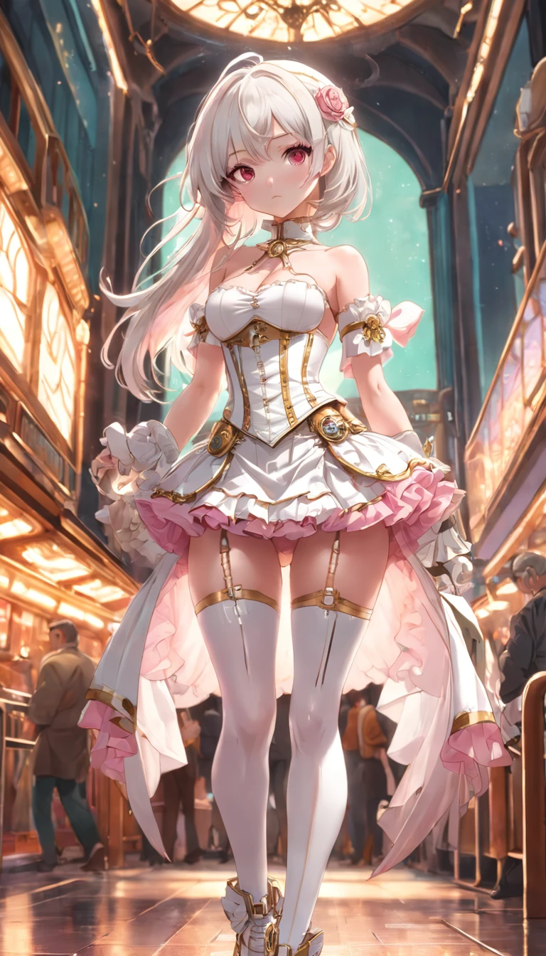 hermosa chica anime de piel blanca con una mini falda rosa,medias blancas con liguero,White corset with gold trim,ropa estilo steampunk,cuerpo completo,cabello corto blanco,delineado rojo, ojos verdes,lentes rosas,estilo rococo,UHD,HDR,8k,en una ciudad retro futurista de noche