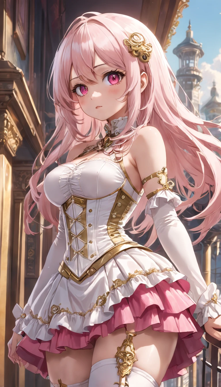 hermosa chica anime de piel blanca con una mini falda rosa,medias blancas con liguero,White corset with gold trim,ropa estilo steampunk,cuerpo completo,cabello corto blanco,delineado rojo, ojos verdes,lentes rosas,estilo rococo,UHD,HDR,8k,en una ciudad retro futurista de noche