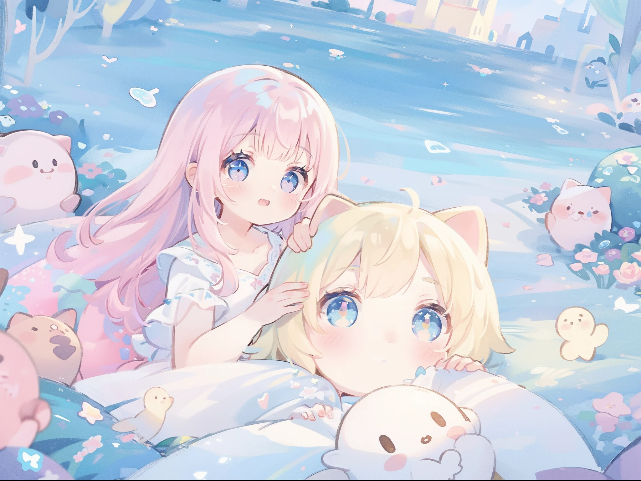 masterpiece, best quality, 8k resolution, sharp focus, intricate detail, beautiful girl, sparkling eyes, golden ratio face, otherworldly liquid, watercolor, ((pastel colors)), bright colors, whimsical, colorful, sharp focus, high resolution, fine detail, princess fantasy ballgown, ((round eyes)), iridescent bubbles, castle landscape in background