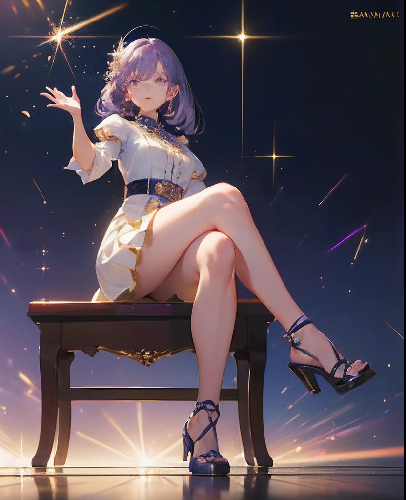 (masterpiece, best quality, beautiful detailed hair detailed face, perfect feminine face:1.4), (dynamic pose), [(attractive pose)], a beautiful and cute girl with sparkling and glowing purple hair, (sparkle particle), lens flare, sharp focus, volumetric lighting, by sakimichan, george kamitani, akira yasuda, trending on artstation, get million like, intricate details, (from above:1.2)