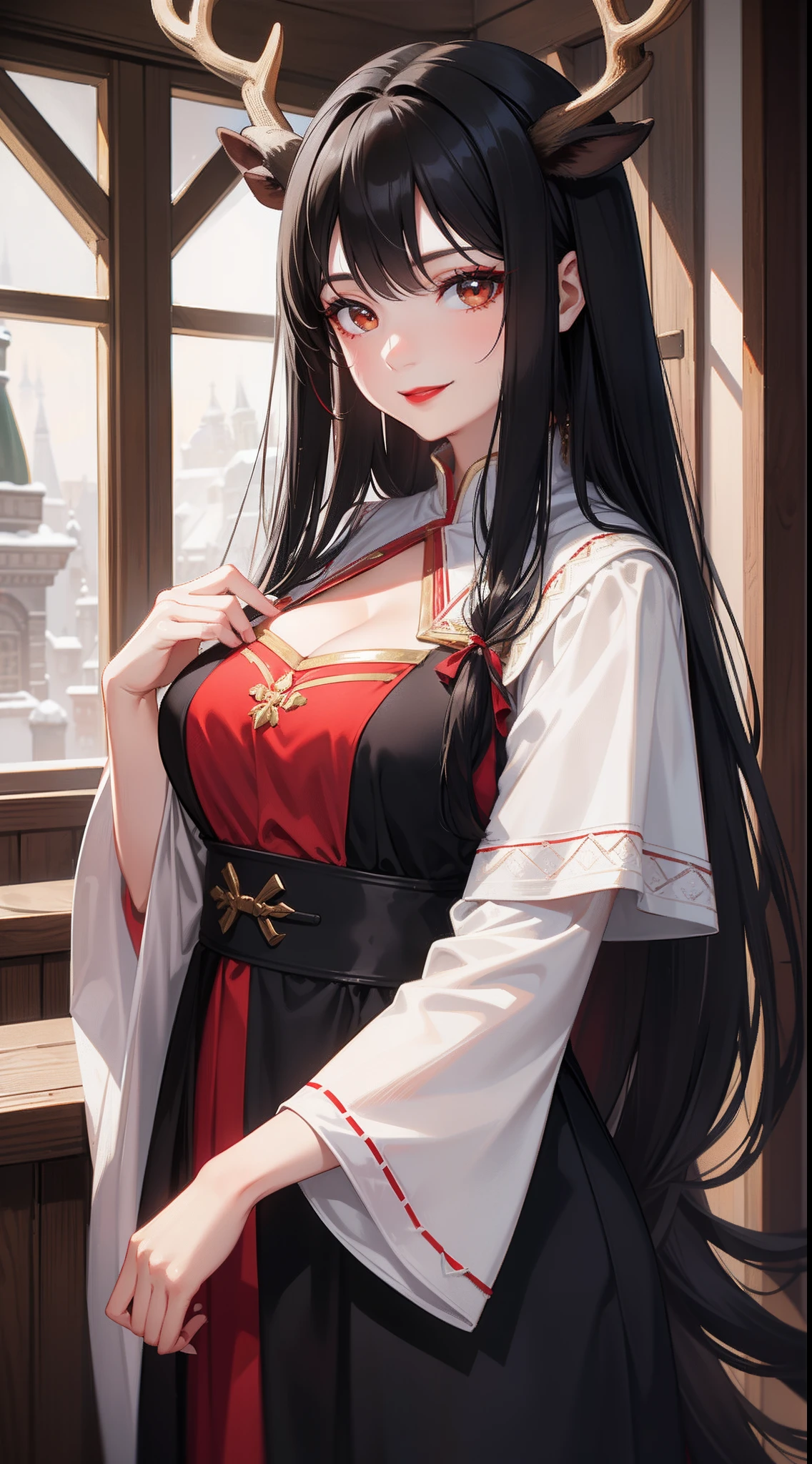 Adult woman, Long black hair, Deer antlers, Brown eyes, Lush breasts, Russian peasant clothing, red lipstick, Smile, Masterpiece, hiquality