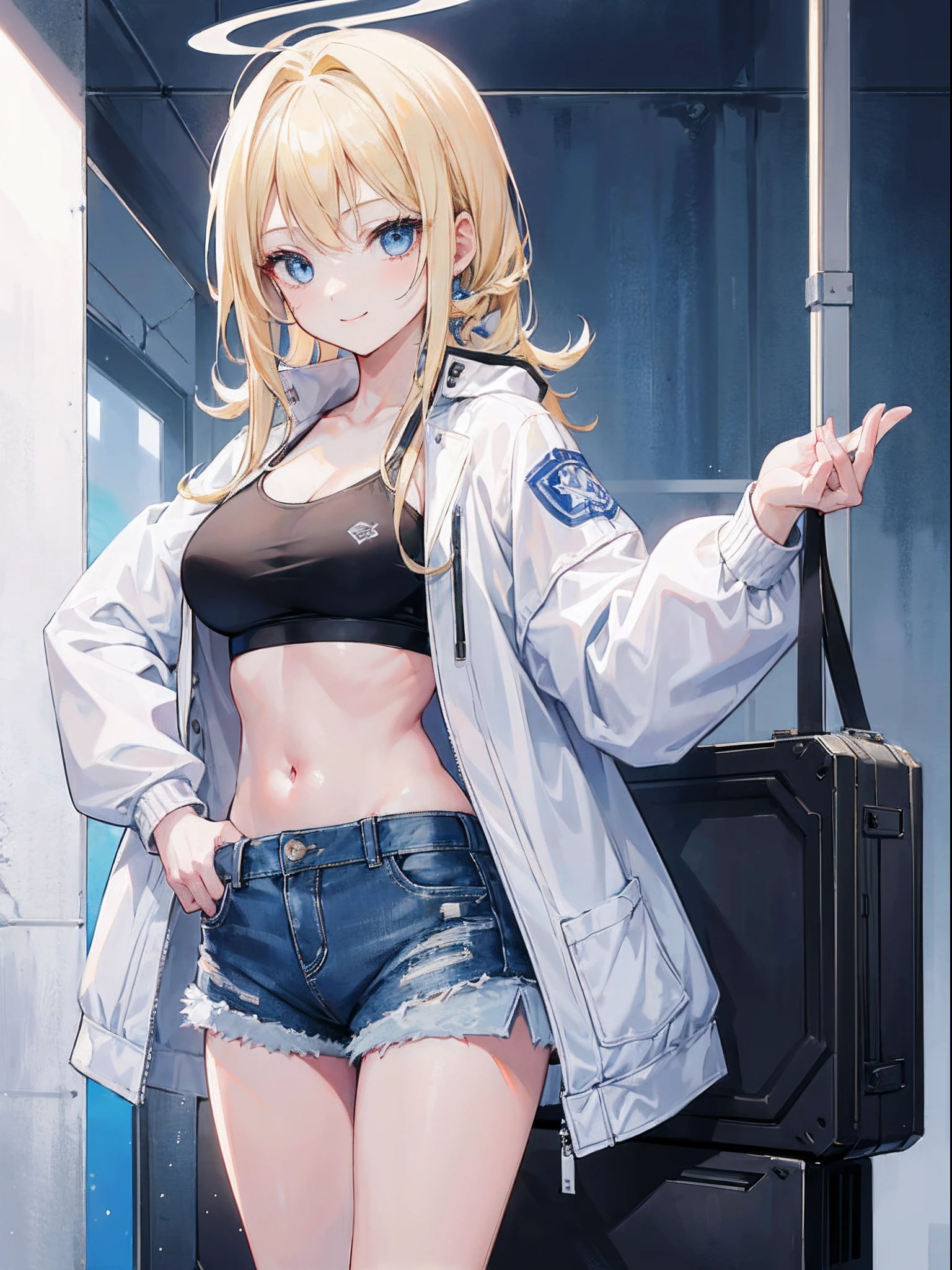 1girl, long blonde hair, Choppy Bangs hairstyle, blue eyes, wearing white jacket, black casual sport bra, standing pose, holding a soda can, denim shorts, smiling, white background, high res, ultrasharp, 8K, masterpiece, looking at viewer