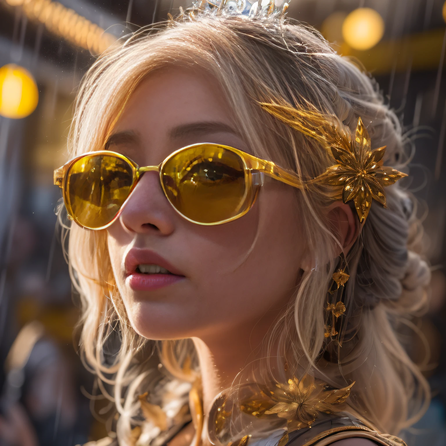 32K(tmasterpiece,k hd,hyper HD,16k)Short orange flowing hair,Vintage train in the back room,Rain Circle Girl ,The nostrils look at people (realisticlying:1.4),Python robe,Bright purple tiara,A drizzle,The background is pure, A high resolution, the detail, RAW photogr, Sharp Re, Nikon D850 Film Stock Photo by Jefferies Lee 4 Kodak Portra 400 Camera F1.6 shots, Rich colors, ultra-realistic vivid textures, Dramatic lighting, Unreal Engine Art Station Trend, cinestir 800,Close-up of the side of the half,(((Thick yellow gold rimmed reflective sunglasses)))Thick yellow gold rimmed reflective sunglasses