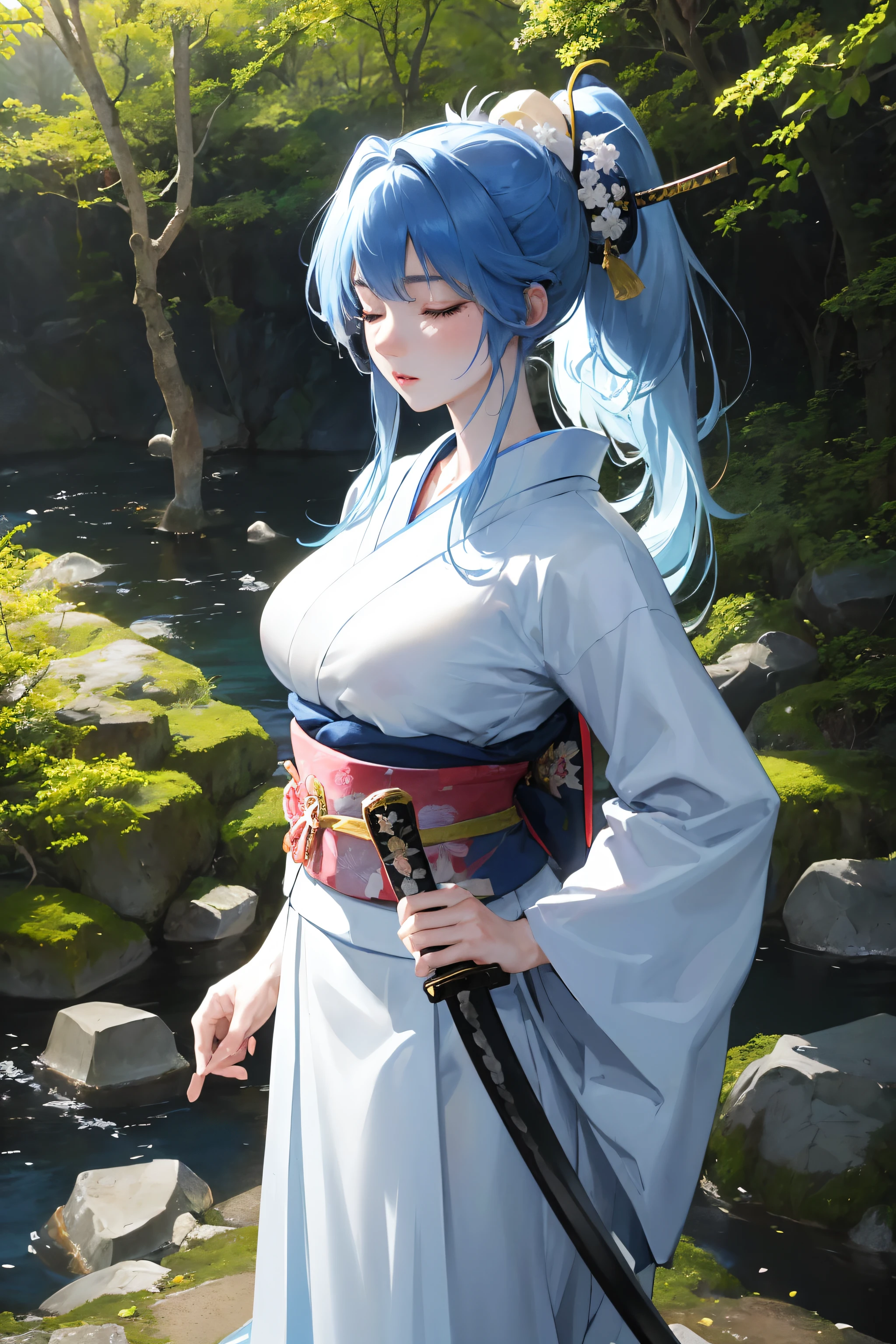 Anime girl with blue hair and blue hair holding a sword - SeaArt AI