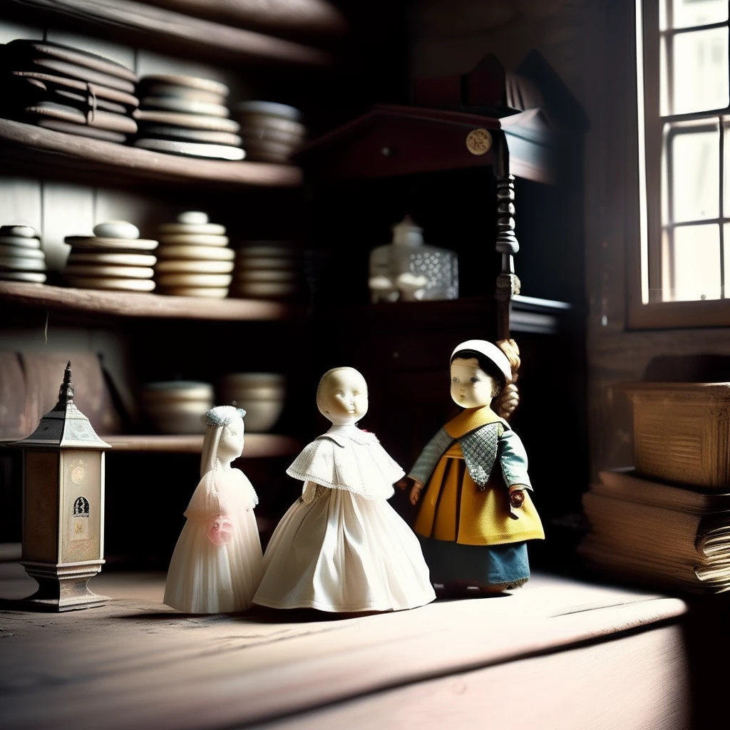 100 dolls old classic ancient in one room of the old house,There is only one doll looking at the camera