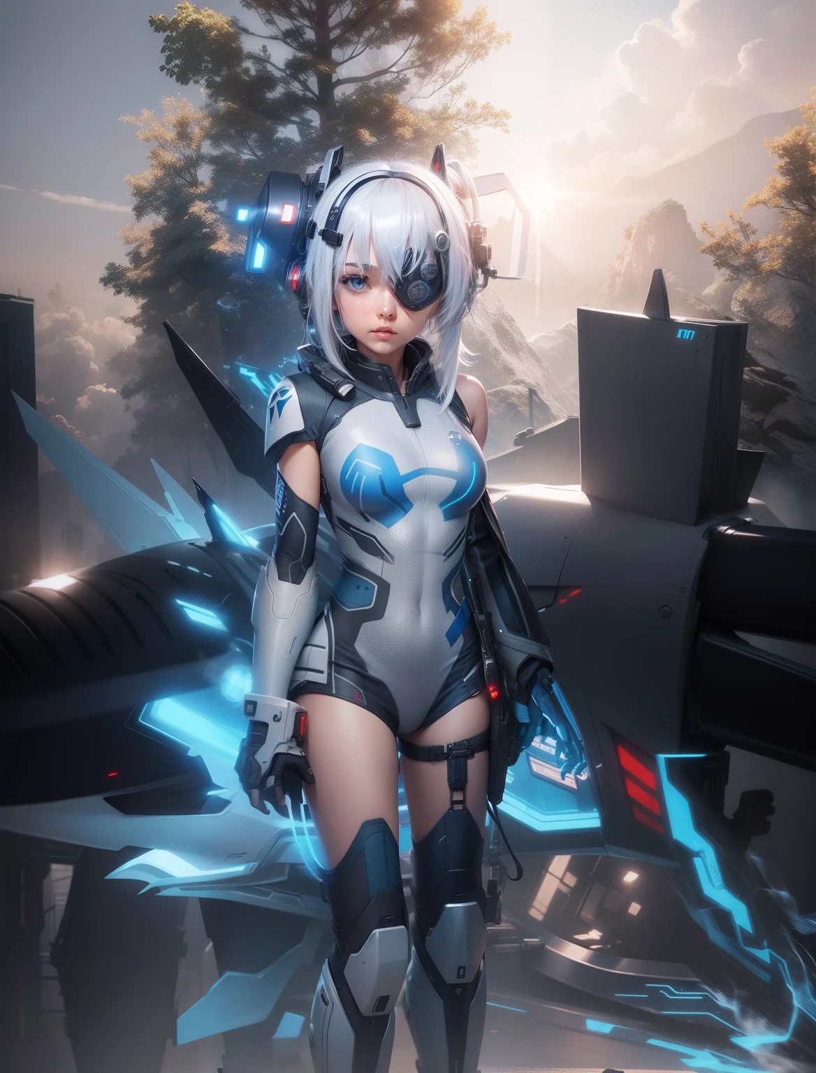 girl, futuristic grey tigh suit with blue details, red canon, white hair, eyepatch, mechanic headband, best quality, 8k